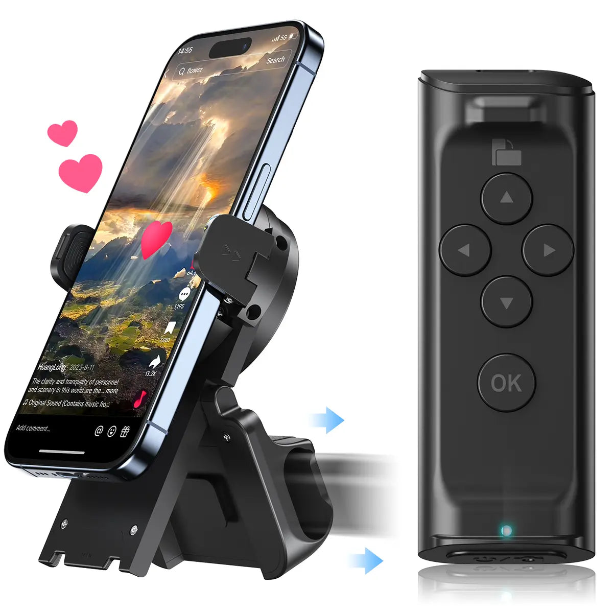 Wireless Phone Remote Control Auto Scroller with Smartphone Holder Stand, Bluetooth Page Turner & Camera Shutter for Video Recording, Hands-Free Selfie Scrolling Tool for iPhone, Android Phones, Tablets