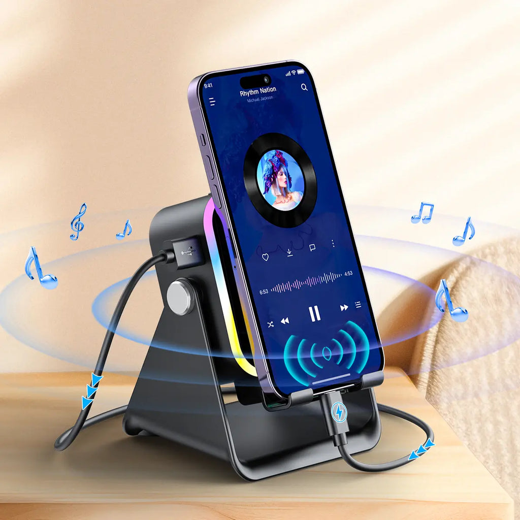 Wireless Induction Audio Speaker Phone Stand, 5-in-1 Cellphone Holder with Emergency Power Bank, 360° Adjustable Mobile & Tablet Stand with Colorful Ambient Light