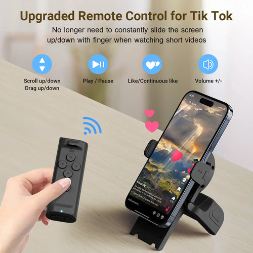 Wireless Phone Remote Control Auto Scroller with Smartphone Holder Stand, Bluetooth Page Turner & Camera Shutter for Video Recording, Hands-Free Selfie Scrolling Tool for iPhone, Android Phones, Tablets