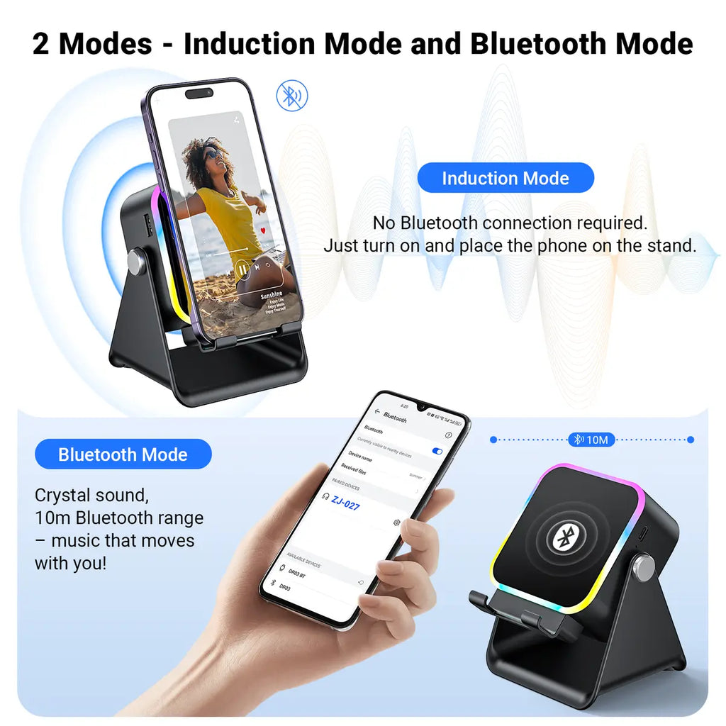 Wireless Induction Audio Speaker Phone Stand, 5-in-1 Cellphone Holder with Emergency Power Bank, 360° Adjustable Mobile & Tablet Stand with Colorful Ambient Light