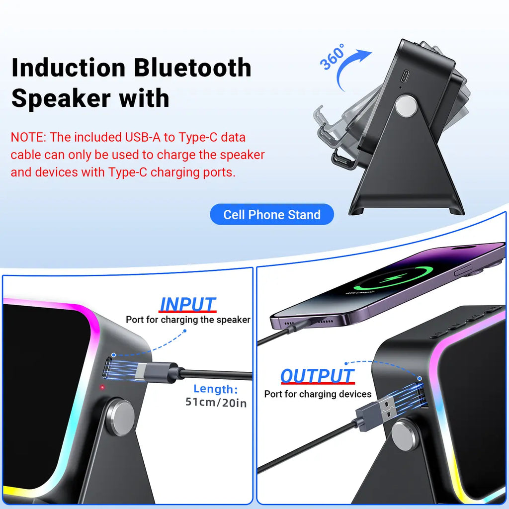 Wireless Induction Audio Speaker Phone Stand, 5-in-1 Cellphone Holder with Emergency Power Bank, 360° Adjustable Mobile & Tablet Stand with Colorful Ambient Light