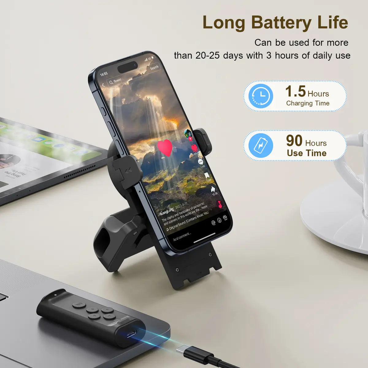 Wireless Phone Remote Control Auto Scroller with Smartphone Holder Stand, Bluetooth Page Turner & Camera Shutter for Video Recording, Hands-Free Selfie Scrolling Tool for iPhone, Android Phones, Tablets