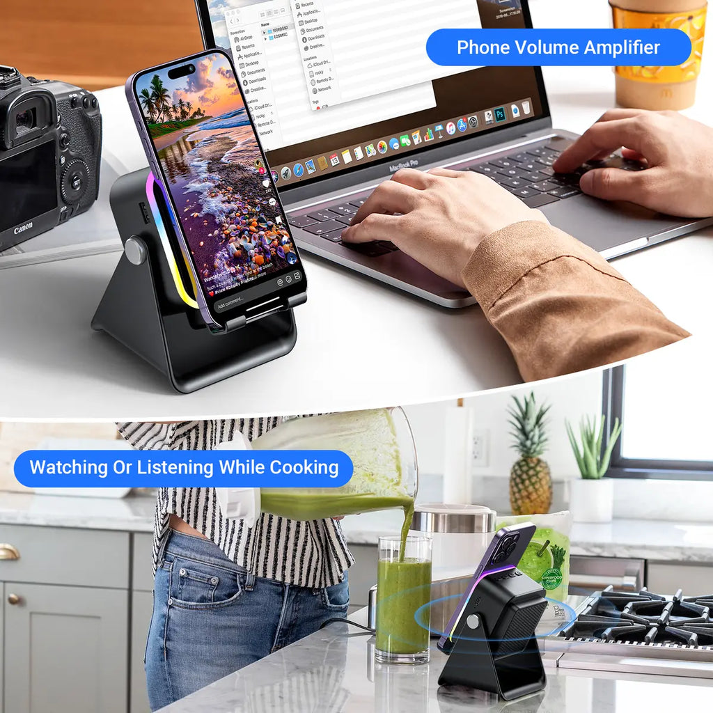 Wireless Induction Audio Speaker Phone Stand, 5-in-1 Cellphone Holder with Emergency Power Bank, 360° Adjustable Mobile & Tablet Stand with Colorful Ambient Light
