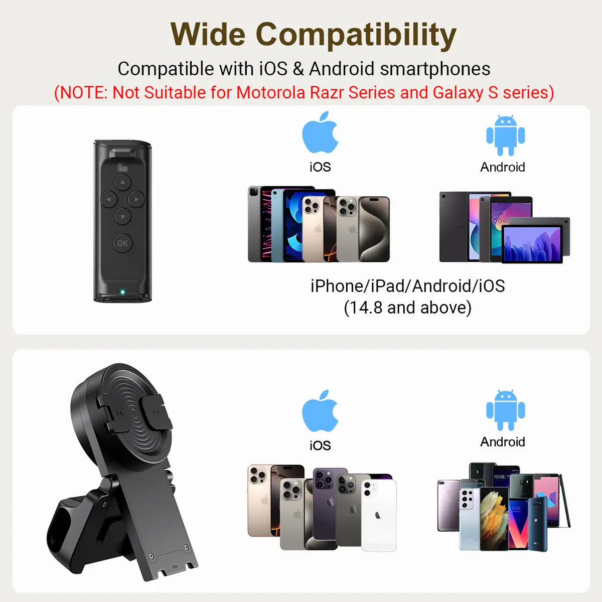 Wireless Phone Remote Control Auto Scroller with Smartphone Holder Stand, Bluetooth Page Turner & Camera Shutter for Video Recording, Hands-Free Selfie Scrolling Tool for iPhone, Android Phones, Tablets