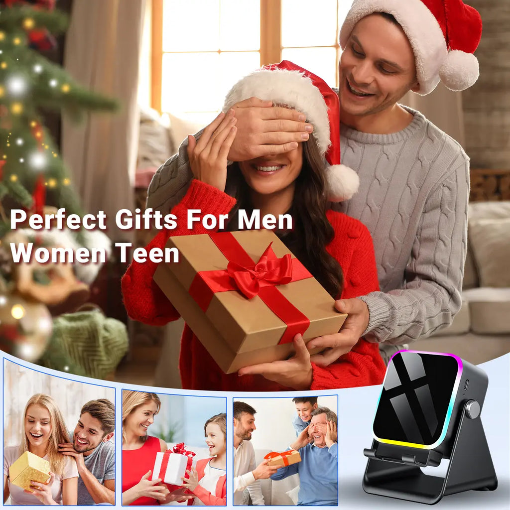 Wireless Induction Audio Speaker Phone Stand, 5-in-1 Cellphone Holder with Emergency Power Bank, 360° Adjustable Mobile & Tablet Stand with Colorful Ambient Light