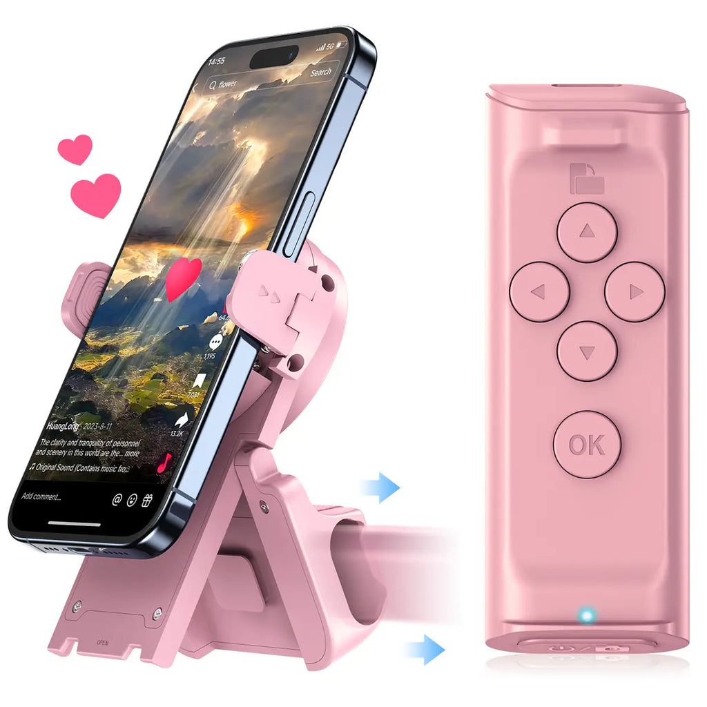 Wireless Phone Remote Control Auto Scroller with Smartphone Holder Stand, Bluetooth Page Turner & Camera Shutter for Video Recording, Hands-Free Selfie Scrolling Tool for iPhone, Android Phones, Tablets