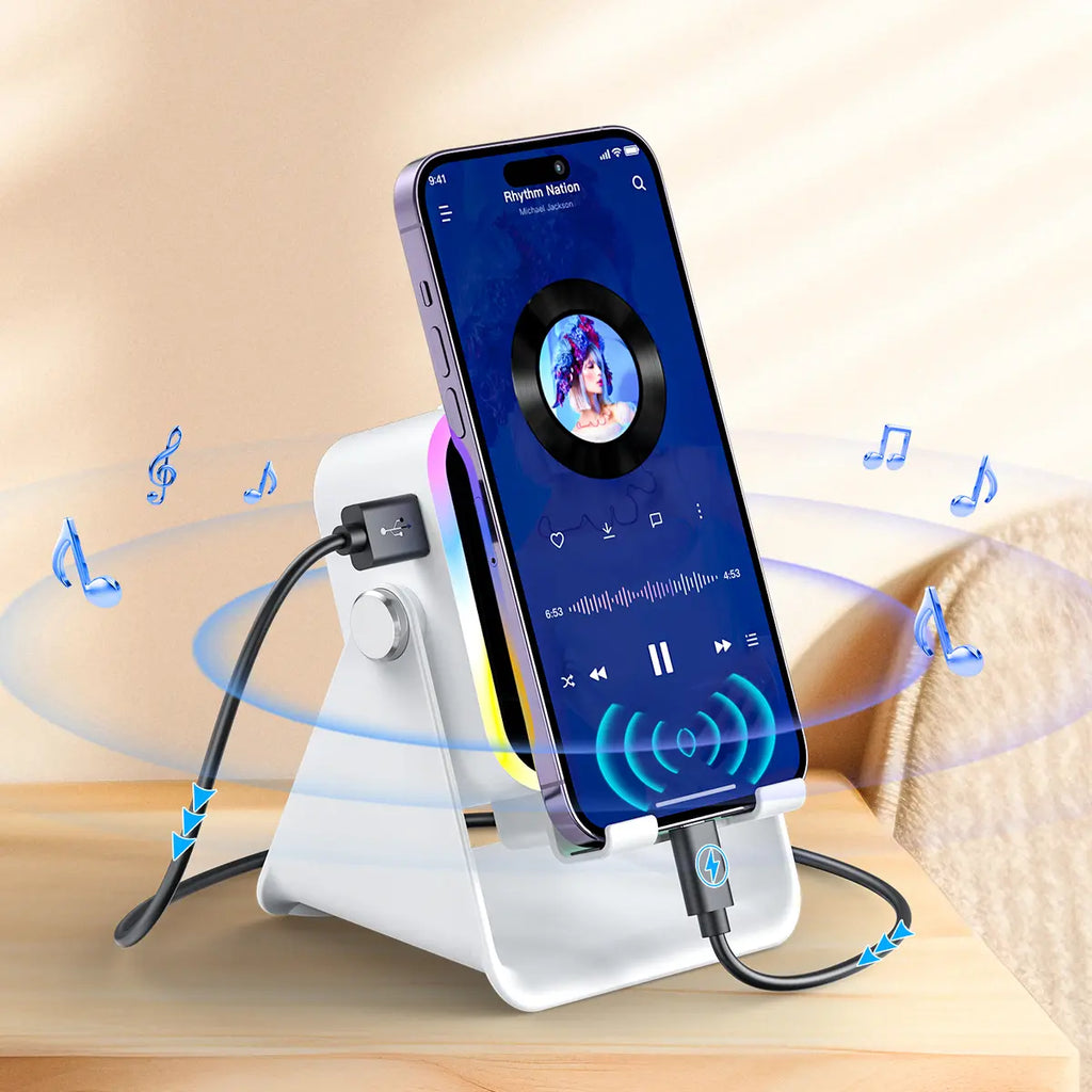 Wireless Induction Audio Speaker Phone Stand, 5-in-1 Cellphone Holder with Emergency Power Bank, 360° Adjustable Mobile & Tablet Stand with Colorful Ambient Light