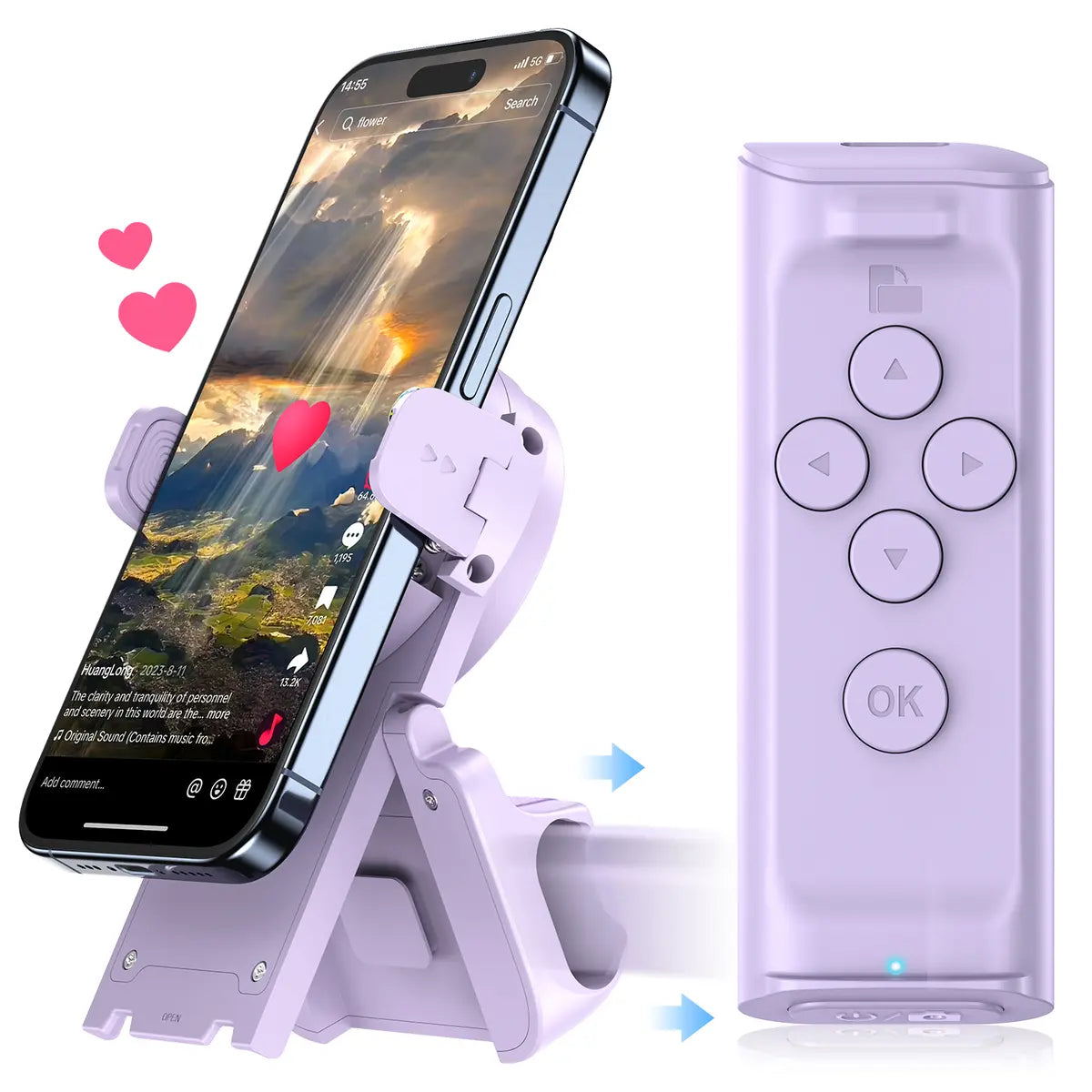 Wireless Phone Remote Control Auto Scroller with Smartphone Holder Stand, Bluetooth Page Turner & Camera Shutter for Video Recording, Hands-Free Selfie Scrolling Tool for iPhone, Android Phones, Tablets